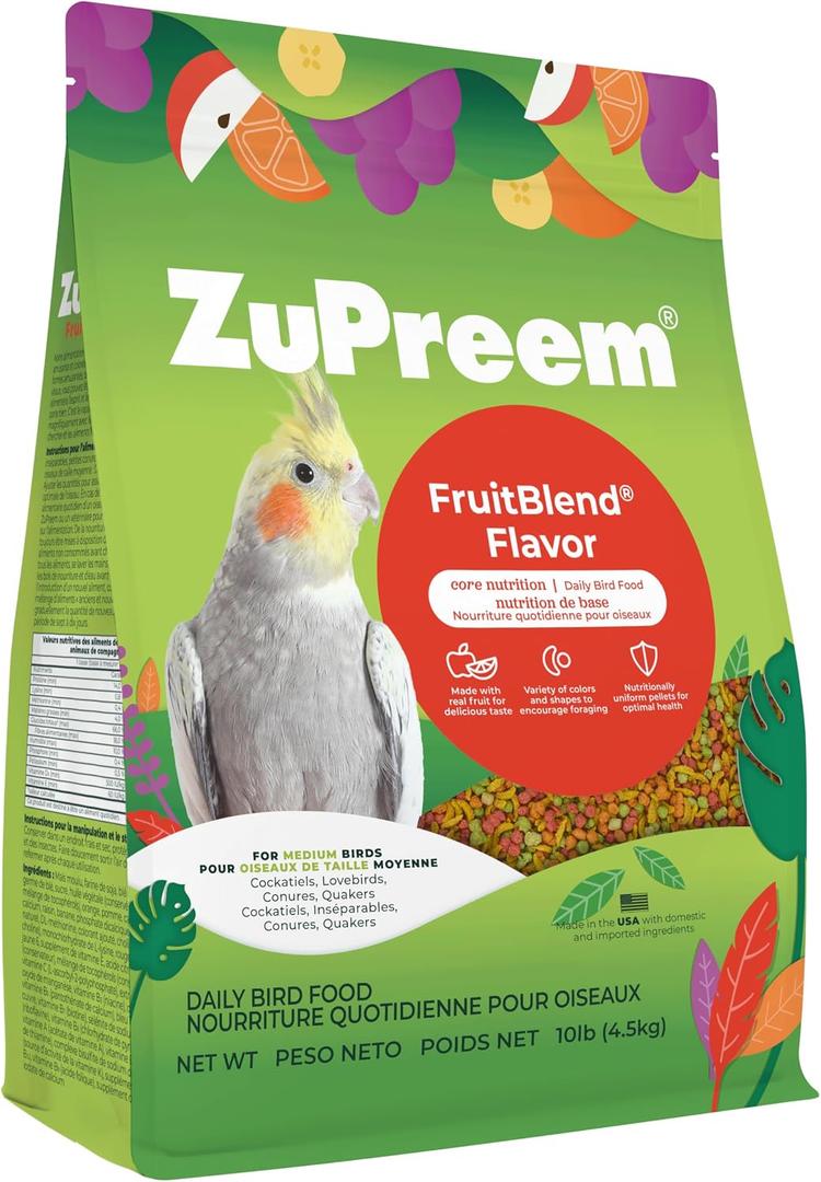 ZuPreem FruitBlend Cockatiel & Conure Food, Uniform Bird Food, M, 10 lb | Bird Food Pellets, Real Fruit, Cockatiel Food, Conures, Lovebirds, Love Bird Pellets, Quakers, Parrot, Medium Birds, USA (EXP 12/01/26)
