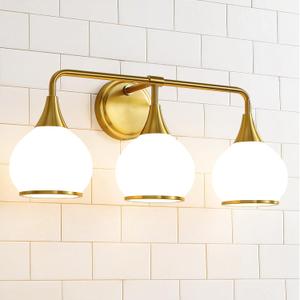 Brushed Gold Bathroom Light Fixtures 3-Lights Vanity Lights with Milky White Frosted Glass Shade Bathroom Vanity Light 22.4 inch Wall Sconce Lighting Bath(Exclude E26 Bulb), 3 Light with Milky White Globe