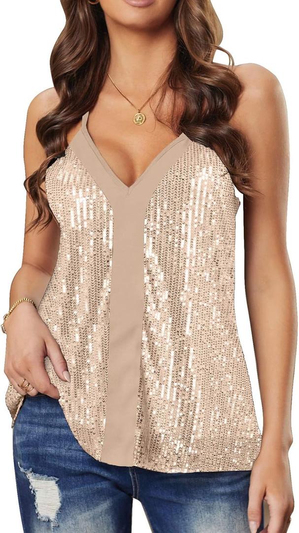 lime flare Women Sexy V Neck Sparkle Shimmer Cami Tank Tops Dressy Sequin Tee Shirt Camisole (XX-L, Gold Sequin Racerback)