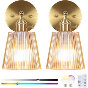 Vintage Battery Operated Wall Sconce Set of 2, Wireless Rechargeable Dimmable Wall Light with RGB Bulb and Remote for Bedroom, Vintage Gold Wall Lamp for Bedroom Living Room Hallway (Amber), 9.05in