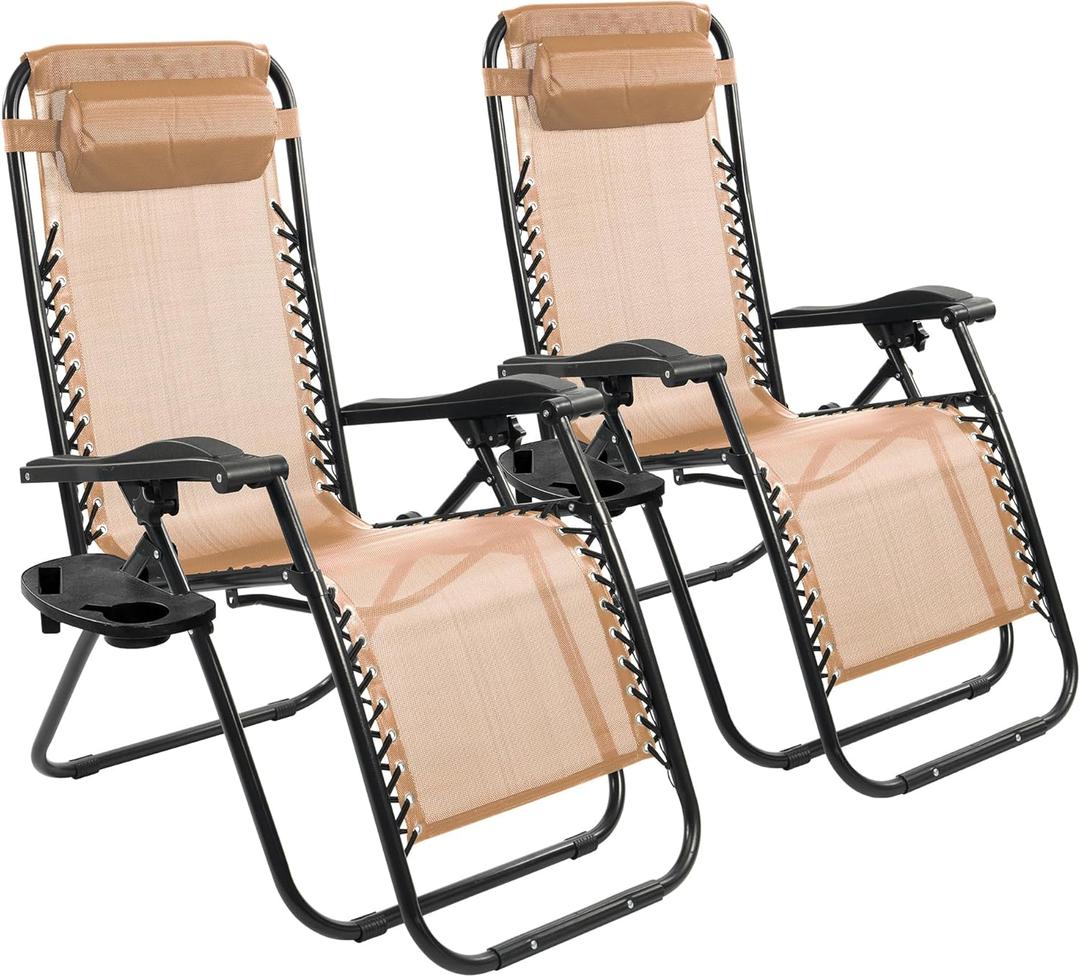 Elevon Zero Gravity Chair Set of 2 with Cup Holder & Removable Pillows, Adjustable Reclining Outdoor Patio Folding Chairs Portable Lounge Chair Furniture for Poolside, Lawn, Beach, Camping, Beige