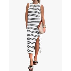 PRETTYGARDEN Summer Dresses for Women 2026 Casual Sleeveless Hollow Out Knit Side Slit Striped Beach Vacation Midi Dress M, White