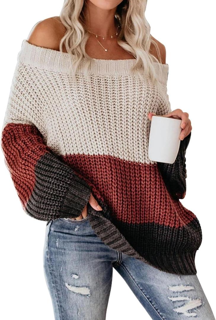 VIMPUNEC Womens Oversized Sweater Color Block Off The Shoulder Pullover Sweaters Cable Knit Chunky Striped Tops (Medium)