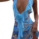 MakeMeChic Women's Halter Dresses Ruffle Deep V Neck Backless Bodycon Sexy Mini Dress (Medium, Blue)