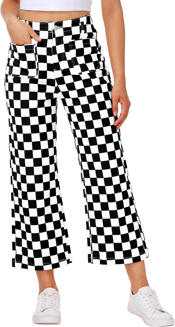 Women Checkered Cropped Jeans Straight Leg Stretchy Denim Pants with Pockets (XX-Large, Black White)