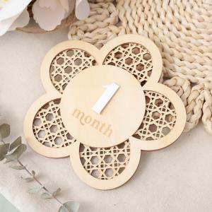 Baby Monthly Milestone, Wooden Baby Milestone Signs, Monthly Milestone Wood Discs, Baby Milestone Discs, Baby Photo Props Cards Interchangeable Number Set of 12 for Baby Growth Recording (3D Flower)