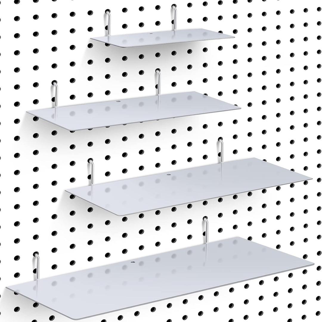 Funrous 4 Pack Pegboard Shelves Wall Organizer Peg Board Shelf Brackets Steel Tray Pegboard Accessories Organizing Tools for Craft Room Home Garage Nursery Workbench Kitchen(Mixed Sizes,Silver)