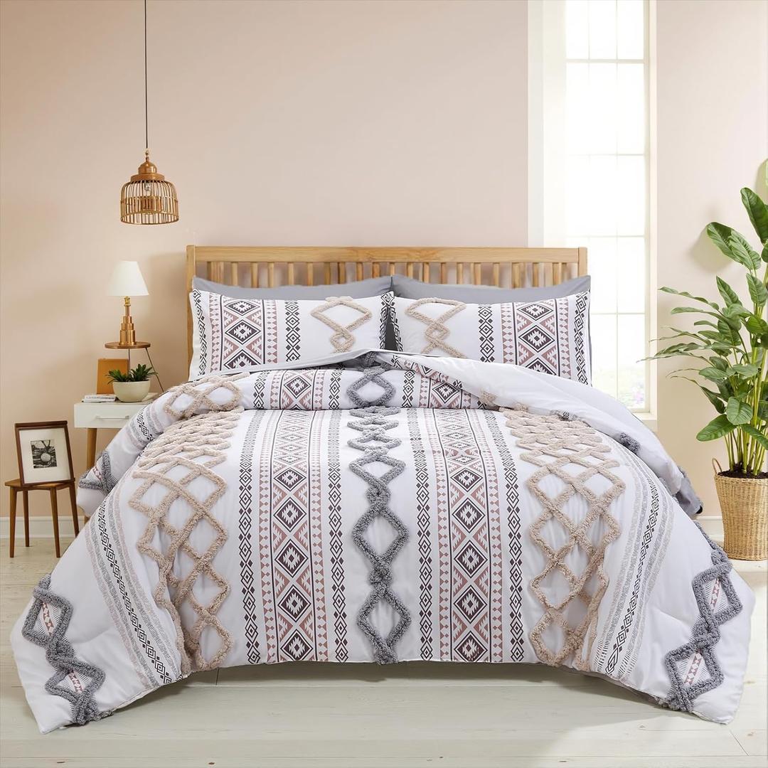 MOVE OVER Tufted Comforter Set King Size Boho Comforter Set 7 Pieces Bed in a Bag King 100% Soft Microfiber Aztec Comforter Set Shabby Chic Farmhouse Style Beige and Gray Fluffy Tufted Bedding Set