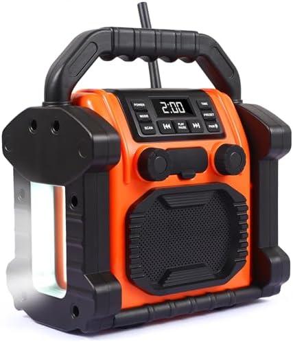 Bingxue Jobsite Radio Bluetooth Speaker, 30W IPX 66 Waterproof FM Clock Radio Portable with LED Lights, Anticollision FM Radios for Constrution Site/Outdoor/Fishing/Party/Camping（Orange）
