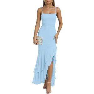 Kaximil Women's Sexy Spaghetti Strap Maxi Dresses Ruched Bodycon Ruffle Mermaid Cocktail Wedding Guest Dress 2026, Small