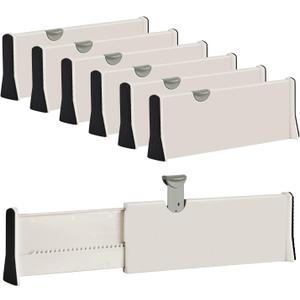 JONYJ Drawer Dividers Organizer 6 Pack, Adjustable Separators 4" High Expandable from 11-17" for Bedroom, Bathroom, Closet, Clothing, Office, Strong Secure Hold, Foam Ends, Locks in Place (Beige)