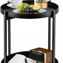Foldable 2-Tier Round Side Table, Metal End Table with Storage for Indoor Outdoor Use, Small Coffee Table for Living Room, Bedroom, Patio, Black