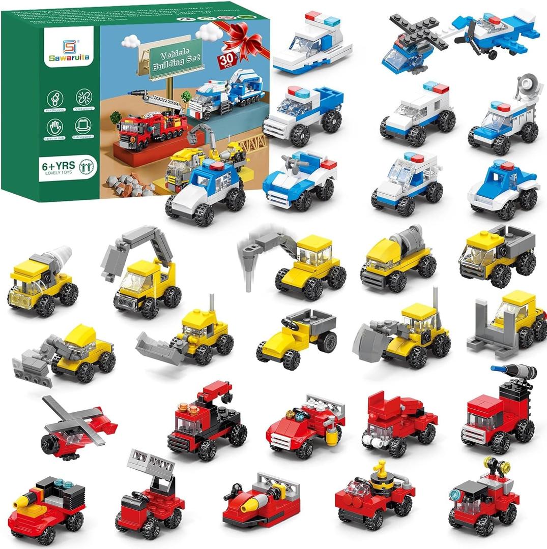 Sawaruita 30Pack Mini Cars Easter Building Blocks Party Favors for Kids-Bulk Fire Truck,City Police Car,Construction Vehicle for Birthday Goodies Bag Filling,Classroom Prizes for Boys 6-12