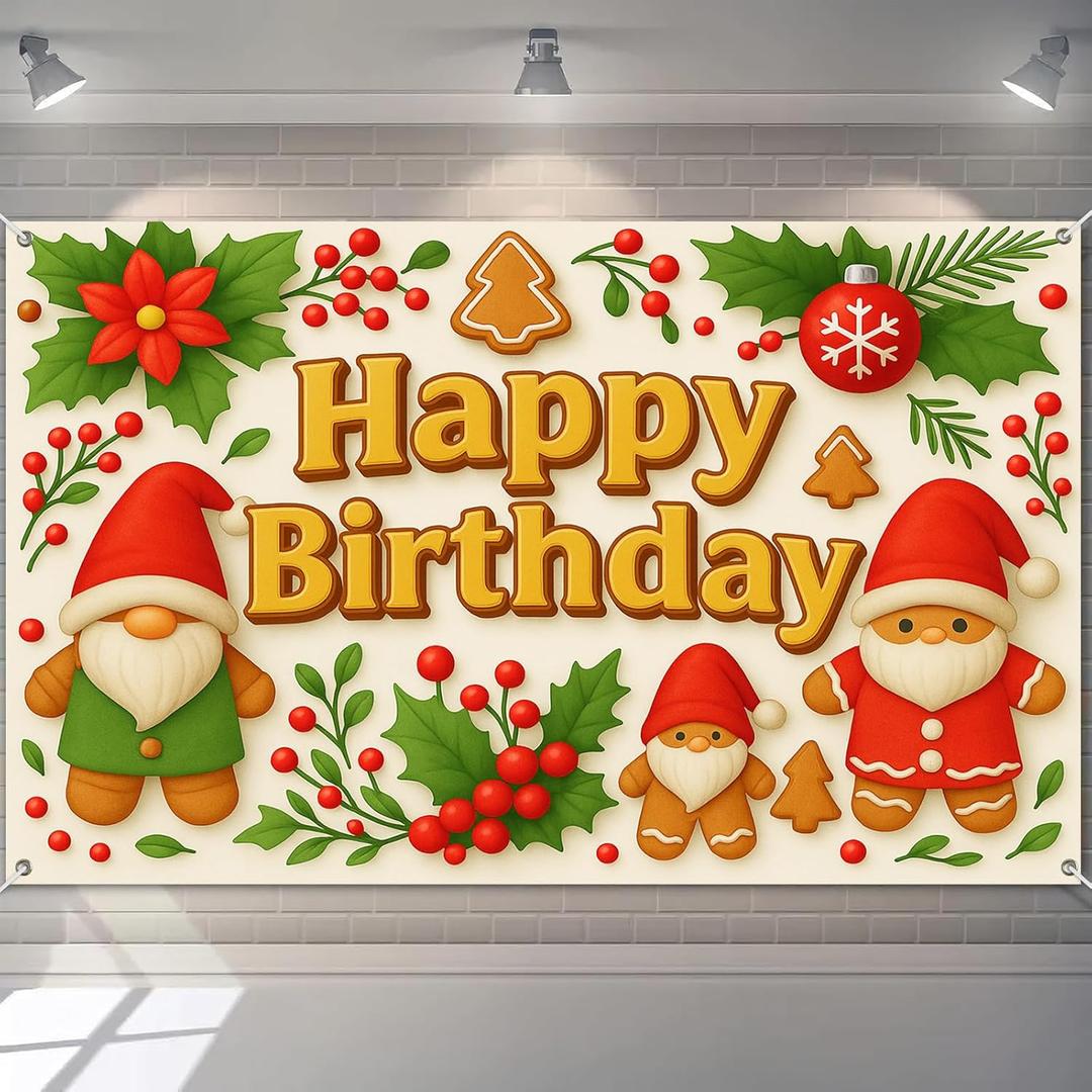 Happy Birthday Banner Decorations 71x43 Inch Christmas Gnomes Party Backdrop Gingerbread Cookies Holly Berries Background for Kids Holiday Winter Birthday Decorations Banners