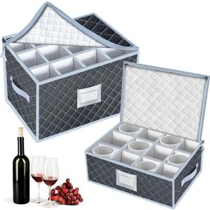 Glass and Mug Storage Box with Dividers - 2 Pack China Storage Containers Set Holds 24 Glassware , StemwareCoffee Mug and Tea Cup, Organizer Bin with Sturdy Metal Zipper,Label and Handles (Grey)