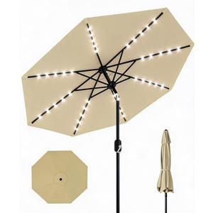 GarveeLife 10 ft Patio Umbrella with Solar Lights, 8 Ribs Outdoor Market Table Umbrella with 40 LED Lights & Tilt Crank for Pool, Deck, Backyard (Beige)