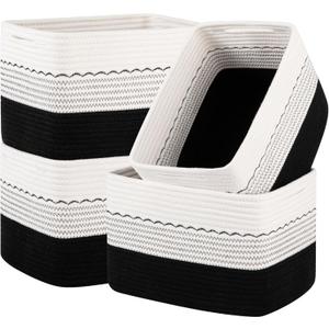 OIASKET 4 Pack Storage Baskets for Organizing, 13"X9"X7.87", Decorative Cotton Rope Baskets for Shelves, Small Woven Basket for Toys, Books and Towels, Black & White