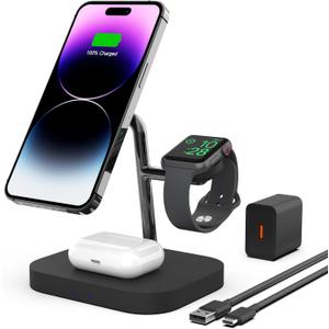 Wireless Charger, Boaraino Magnetic 3 in 1 Wireless Charging Station Compatible with iPhone16/15/14/13/12 Serie, Apple Watch10/ 9/8/7/6/SE/5/4/3, AirPods 2/3/4/Pro (Metallic)