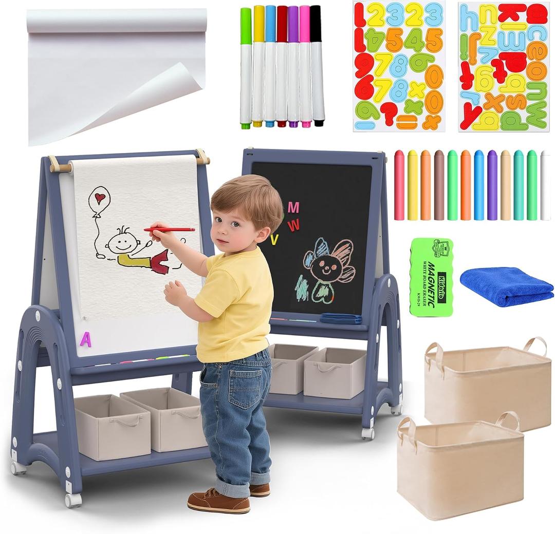 Art Easel for Kids 2-4 with Wheels, Whiteboard, Chalkboard & Paper Roll Adjustable Height 3-in-1 Toddler Easel for 2-4 Year Old Painting Easel for Kids with Storage & Accessories, Blue