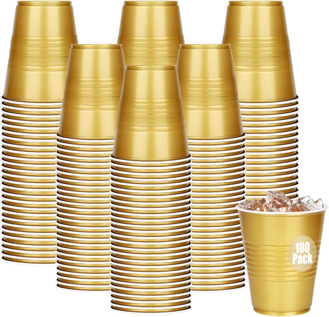 100 Pack Gold Plastic Cups 12 oz, Disposable Cups for Party, Heavy Duty Drinking Cup, Graduation Cups for Wedding Birthday, Valentine's Day Beer Taste Serving Sample Tastings Barbecues