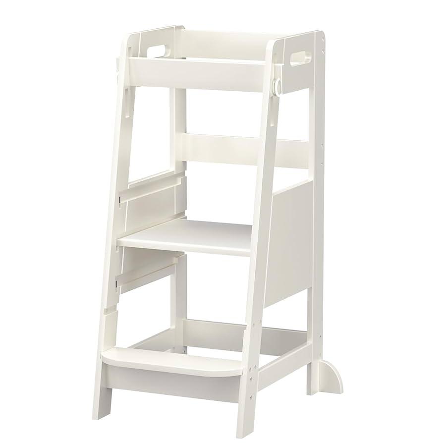 TOETOL Bamboo Toddler Learning Step Stool 3 Height Adjustable Kitchen Counter Standing and Bathroom Sink Tower Helper Stool for Kids with Anti-Slip Protection(Ivory White)