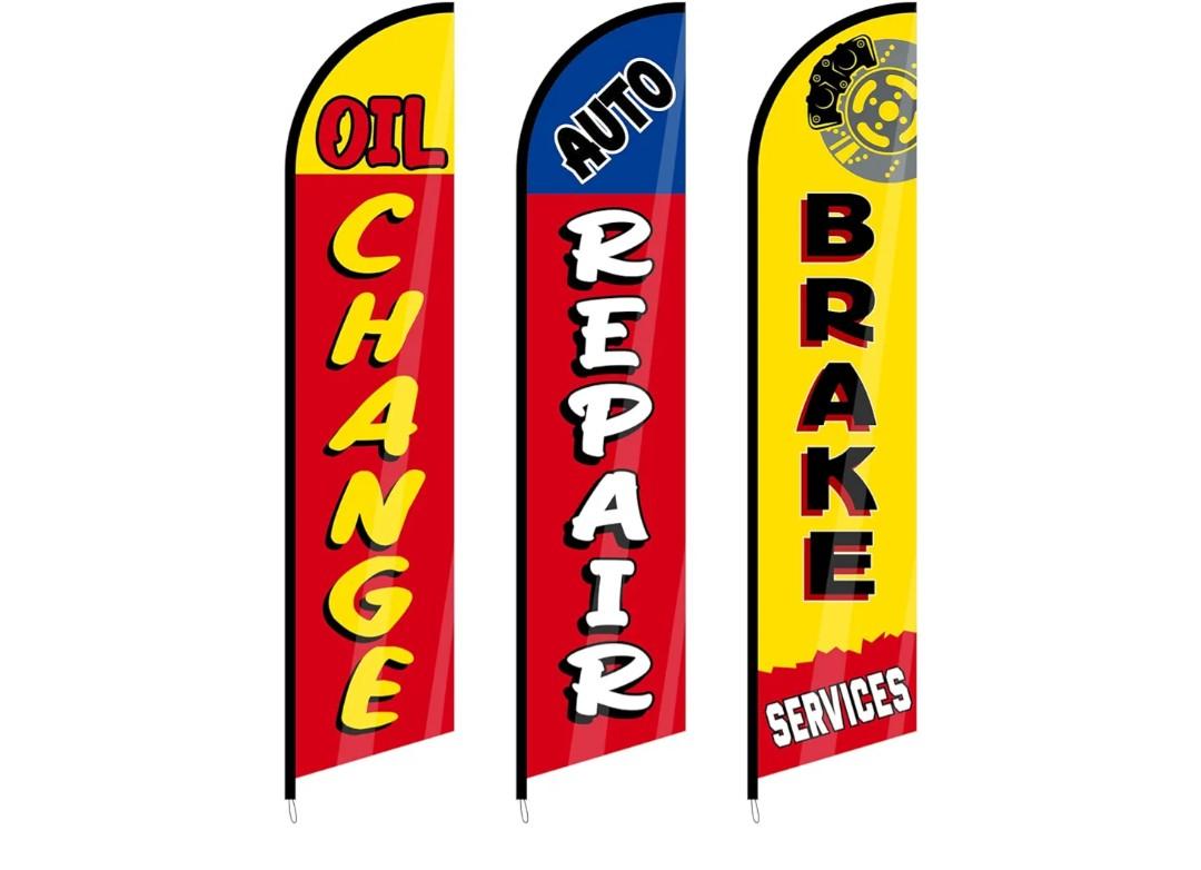 3 Pack Auto Repair Shop Oil Change Feather Flag Sets, 12 x 2.5 ft Large Brake Services Advertising Windless Flag for Business Mechanics Automotive Car Repair Shops