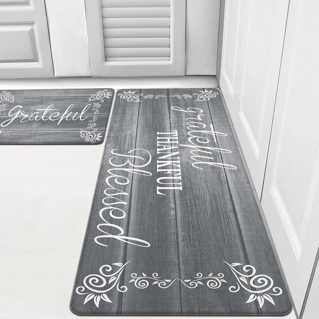 HEBE Anti Fatigue Kitchen Mat Set of 1 Non Slip Cushioned Kitchen Mats for Floor Waterproof Farmhouse Kitchen Rugs and Mats Set Comfort Standing Desk Mat Carpet for Sink,Office,Laundry (17.3"x28"+17.3"x48", Grey), Pack of 1