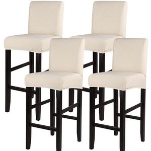 SearchI Jacquard Bar Stool Covers Set of 4, Stretch Washable Barstool Seat Covers, Counter Height Chair Covers for Kitchen Dining Room Cafe (Check Jaquard Beige)