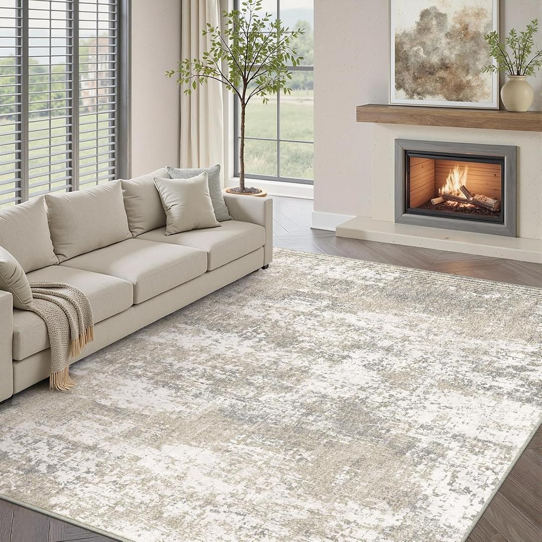 Modern Abstract Beige Gray Area Rug 9x12 Machine Washable Large Carpet Neutral Kitchen Indoor Accent Throw Low Pile Non Slip Distressed Living Dining Room Bedroom Office