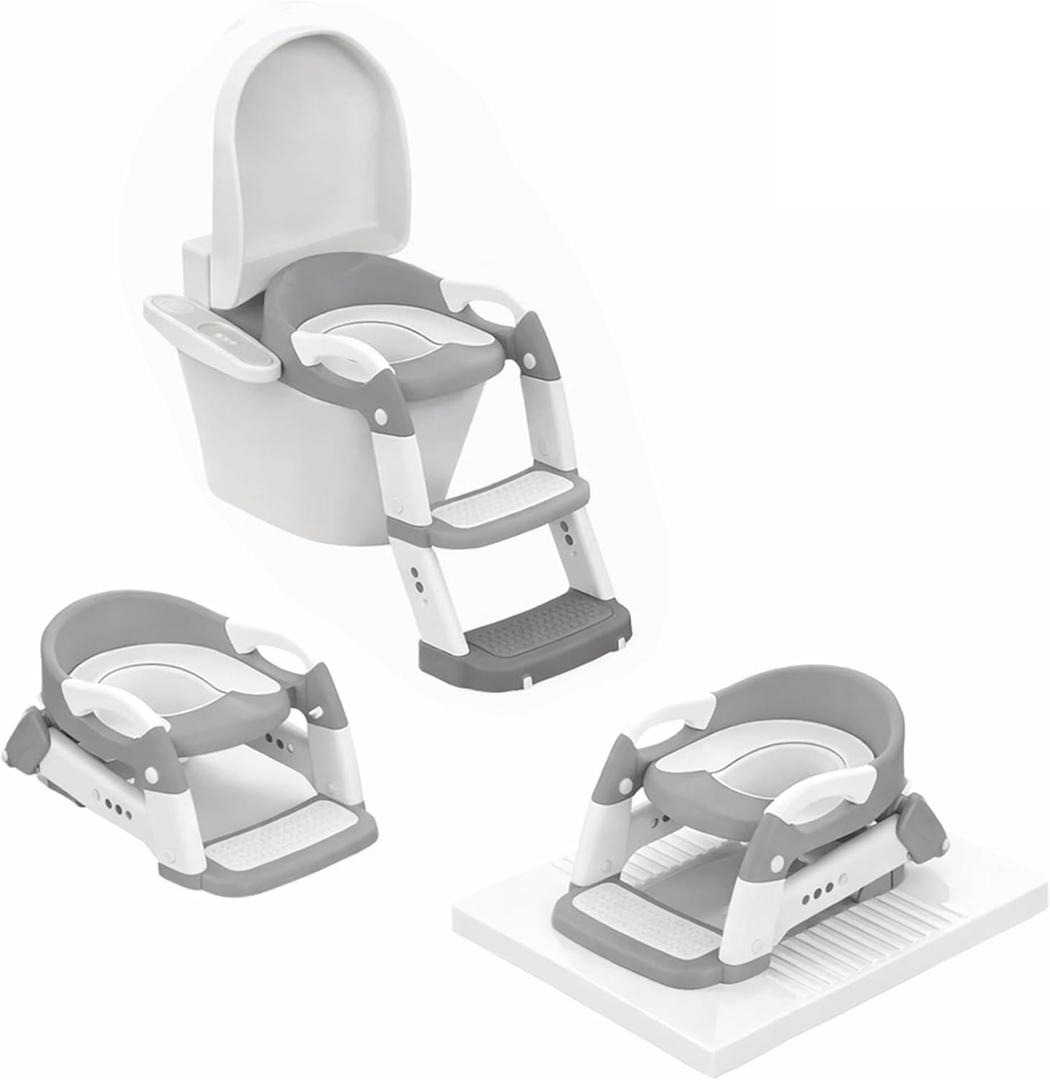 Potty Training Seat - 2026 Upgraded 3-in-1 Foldable Potty Chair with Adjustable Step Stool, Removable Cushion & Splash Guard, Portable Potty Training Toilet for Toddler Boys and Girls (Gray)