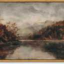 KISSFOX Vintage Framed Wall Art Decor Rustic Fall Landscape Pictures Wall Decor Moody Autumn Lake Scenery Canvas Art Prints Modern Farmhouse Paintings Artwork For Bedroom Kitchen Living Room, 24"L x 16"W