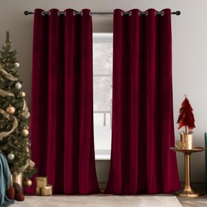 SMILETIME Burgundy 90in Long Velvet Curtains with Grommet, Thermal Insulated Super Soft Privacy Noise Reducing Light Filtering Velvet Curtains for Living Room, 2 Panels, Each 52 x 90inches Long