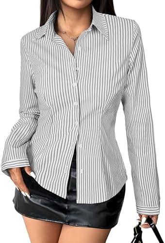 Gleeivy Striped Button Down Shirts for Women Dress Shirt Slim Fit Long Sleeve Casual Collared Work Blouse Y2K Fall Outfits L