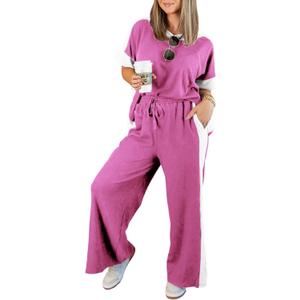 EXLURA Womens Summer 2 Piece Outfits Color Block Short Sleeve Tops Tracksuit Wide Leg Pants Matching Set Lounge Sets 2025 (Brown)