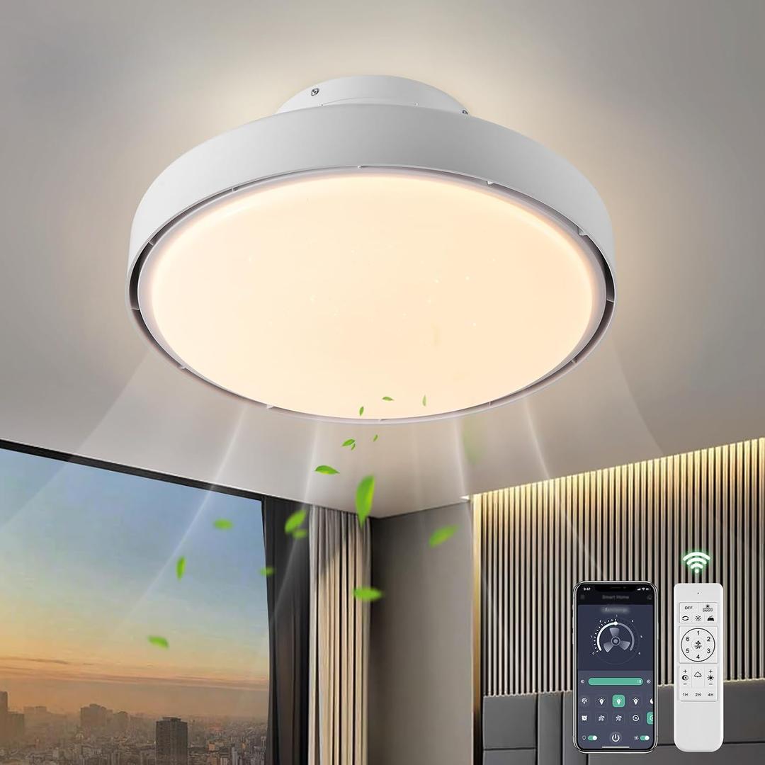 AHAWILL Low Profile Ceiling Fan with Light,18.9" Bladeless Flush Mount Ceiling Fan with Remote,6 Speeds,Reversible,Dimmable Modern Enclosed Ceiling Fans for Bedroom Living Room,White