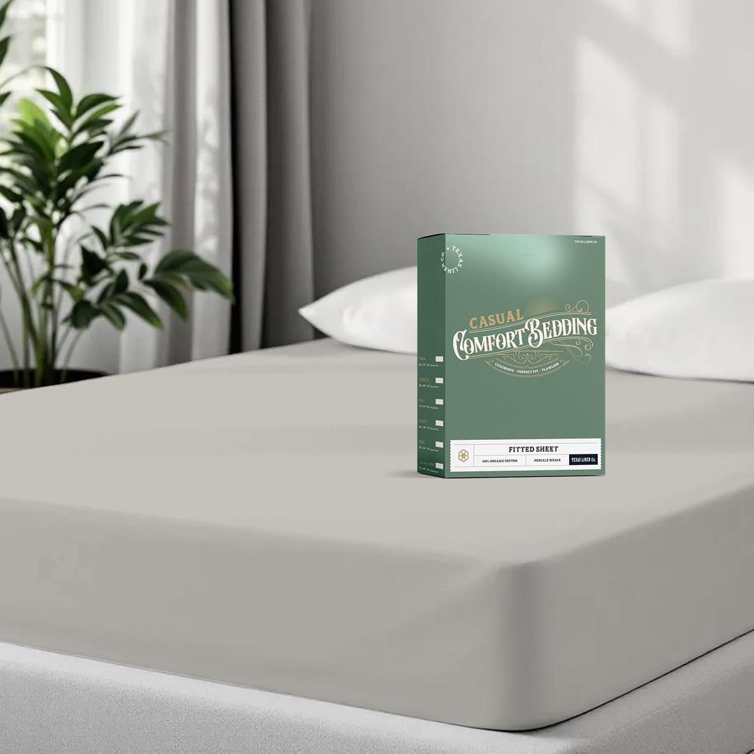 TEXAS LINEN CO. 100% Organic Cotton Percale Weave Fitted Sheet Twin XL Size, Light Grey, 1 Deep Pocket Twin XL Fitted Sheet, Fits Mattress Upto 16" Crisp & Cool Bed Linen, Luxury GOTS Certified Sheets