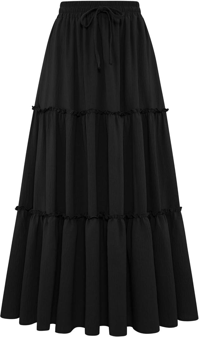 Arolina Womens Summer Boho Skirts Flowy High Waisted Black Maxi Skirt 2025 Trendy Beach Vacation Outfits with Pockets, Large 