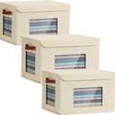 Storage Bins for Clothes, 40L Large Collapsible Stackable Closet Organizer Containers, Storage Boxes with Lids,Storage Cube Basket, Clear Windows & PU Leather Handles, Pack of 3, 17x12x12 Inch (Beige)