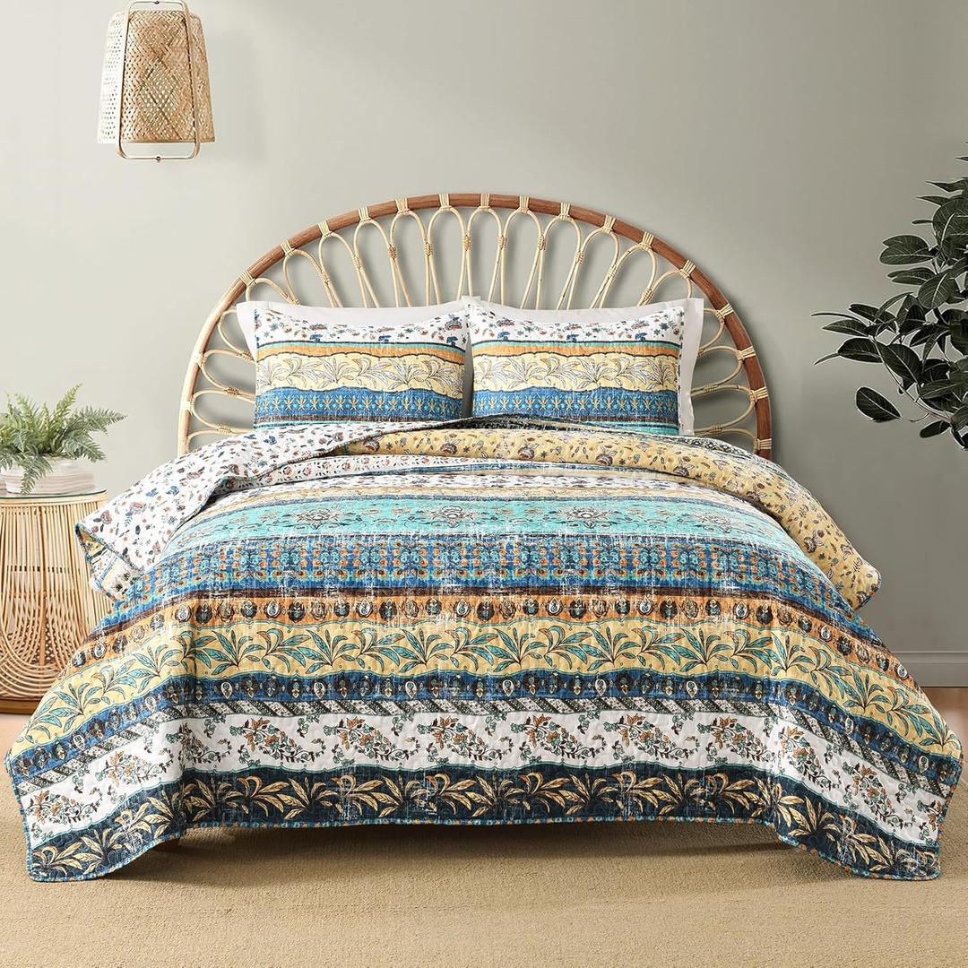 Boho Style King Quilt Set Yellow Bohemian Floral Strip Quilt Beddding Set, Soft and Lightweight Bedspread for All Season, Oversize King Bed Coverlet with 2 Matching Pillow Shams (3 Pieces)