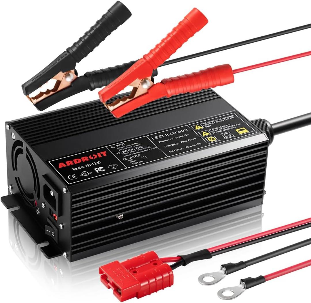 Ardroit 14.6V 30A Lithium Battery Charger, LiFePO4 Battery Charger AC-DC Smart Charger with Intelligent Trickle Charging, Cooling Fan, Switch, Dual Connection, Automatic Battery Maintainer