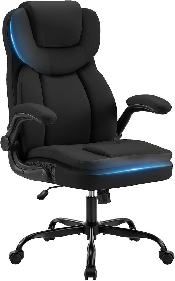 Ergonomic PU Leather Office Chair with Double-Layer Seat Cushion, Adjustable Armrest and Headrest, Reclining Backrest 360° Swivel Rolling Computer Desk Chair for Home Office Gaming Space, Black, 20"D x 18.5"W x 44.89"H