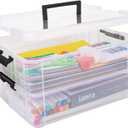 2 Layer Plastic Storage Containers with Lids, Multipurpose Clear Stack & Carry Box, Portable Craft Organizers and Storage Bin for Organizing Art & Craft, Sewing, Makeup, Nail Supplies (Black)