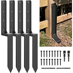 Fence Post Repair Kit - Thickened 11-Gauge Steel Anchors & Stake for Broken/Leaning 4x4/6x6 Wood Posts, 4-Pack