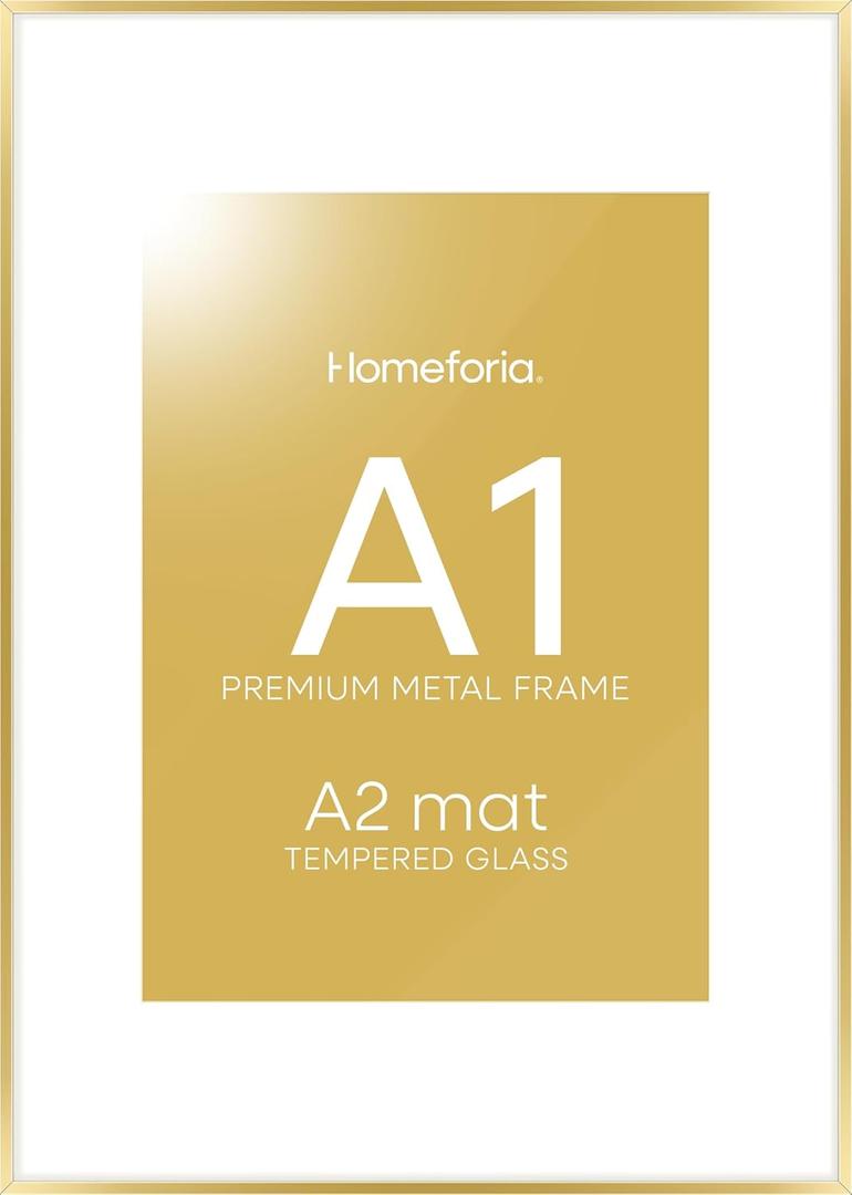Homeforia A1 Poster Frame Gold, High End Metal 23.4 x 33.1 inches Large Picture Frames with Mat 16.5 x 23.4 for Photo, A1 Size Frames Matted to A2 Print, 23.4x33.1 Thin Frame, Tempered Glass, Set of 1
