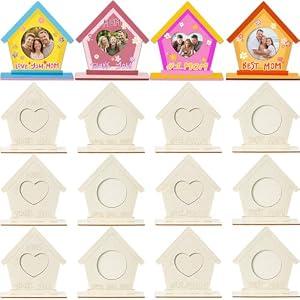 Geelin 12 Pcs Mother's Day Picture Frame Wood DIY Craft Kit Mother's Day Flower Hand Color Your Own Photo Frame for Mom Gifts Classroom DIY Art Activity (House Shaped)