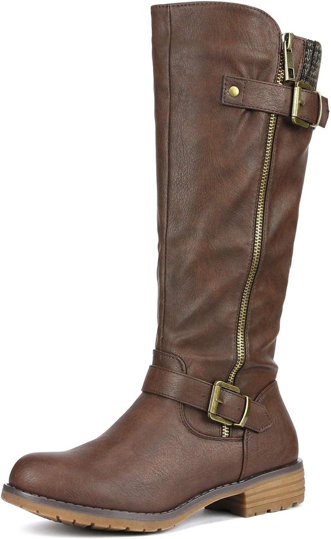 DREAM PAIRS Women's Knee High Boots Comfortable Riding Boots Side Zipper Fall Boots with Buckle, Size 8.5, Brown, DEER
