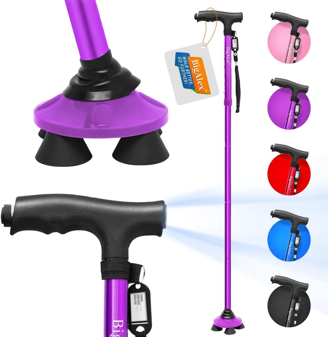 Folding Walking Cane with LED Light,Pivoting Quad Base,Adjustable Walking Stick with Carrying Bag for Men/Women