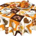 Thanksgiving Tablecloth, Fall Leaf Pumpkin Turkey Round Tablecloth 60 Inch, Autumn Buffalo Plaid Table Cloth for Rustic Farmhouse Kitchen Decor, Holiday Outdoor Wipeable Polyester Fabric Table Cover