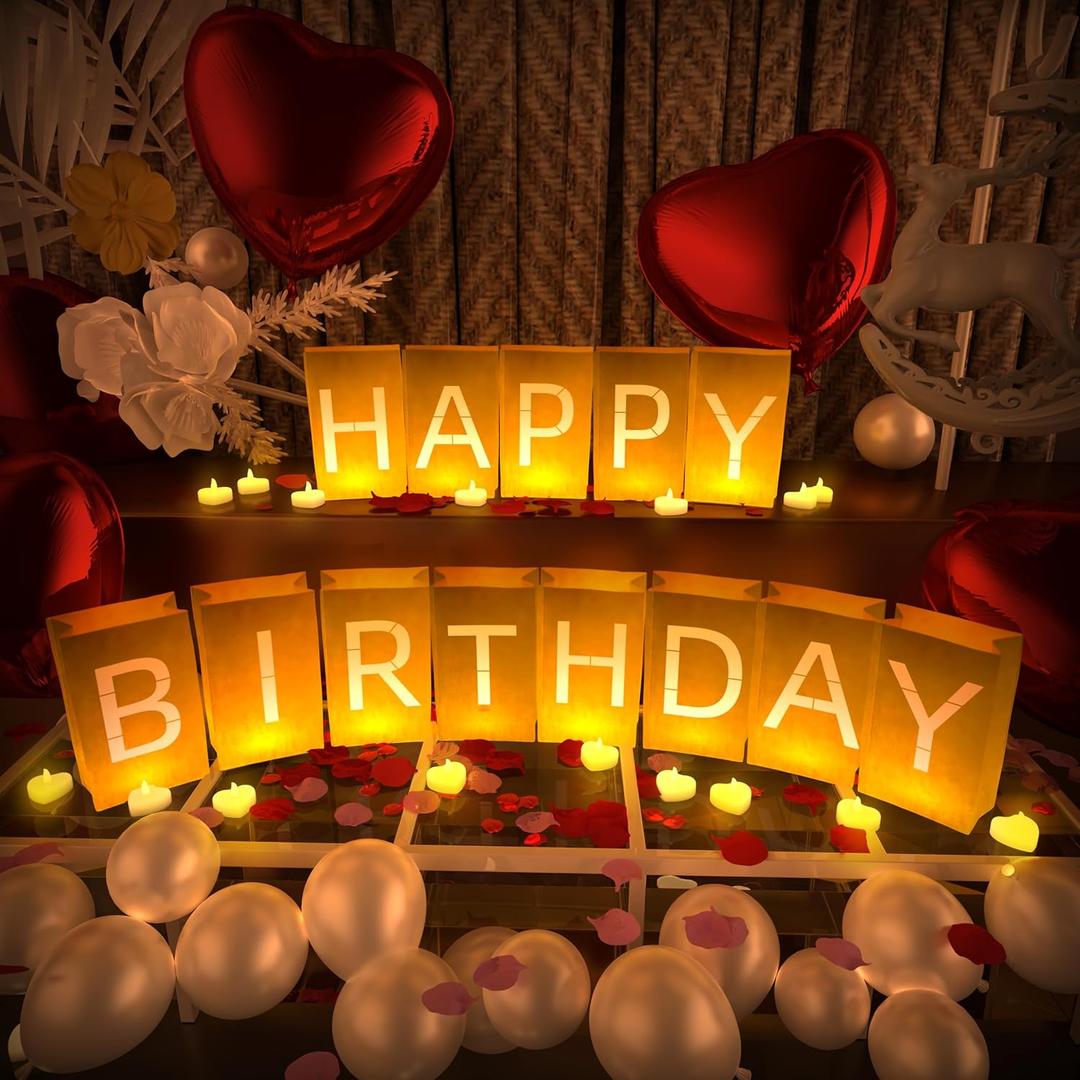 Happy Birthday Decorations, Include Light up Letters, with Tea Lights Candles, Latex Balloons, Aluminum Balloons and Rose Petals, Special Festival, Surprise Gifts Banner for Women and Men