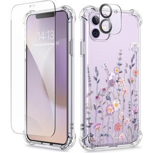 GVIEWIN for iPhone 11 Case with Screen Protector + Camera Lens Protector, [Not-Yellowing] Clear Soft TPU Shockproof Protective Cover for Women Girls Flower Pattern Phone Case 6.1"(Floratopia/Colorful)
